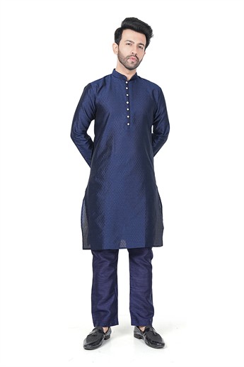 Navy Men’s Ethnic Kurta Pyjama Set with Self-print Brocade Finish