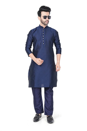 Navy Men’s Ethnic Kurta Pyjama Set with Self-print Brocade Finish