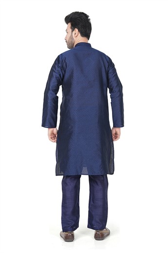 Navy Men’s Ethnic Kurta Pyjama Set with Self-print Brocade Finish