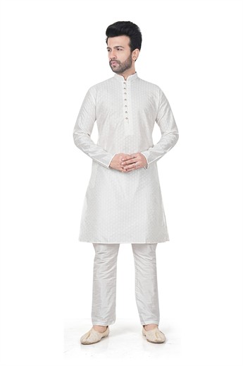 White Embroidered Banarasi Mens Kurta Pajama