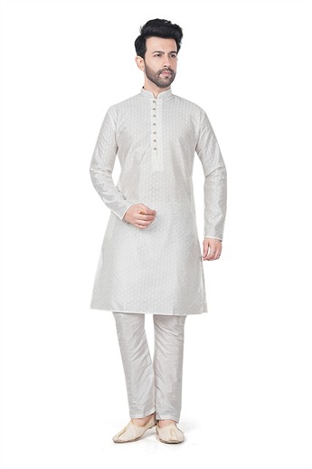 White Embroidered Banarasi Mens Kurta Pajama