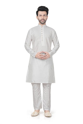 White Embroidered Banarasi Mens Kurta Pajama