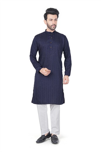 Navy Sequinned Mens Kurta Pajama