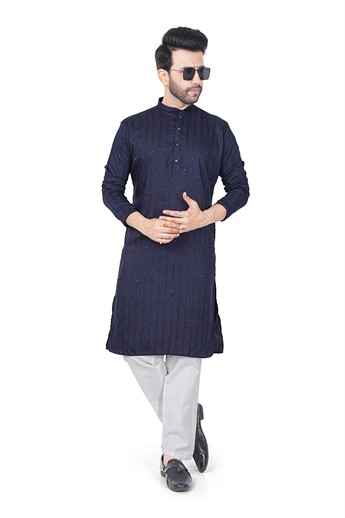 Navy Sequinned Mens Kurta Pajama