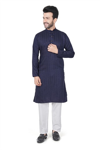 Navy Sequinned Mens Kurta Pajama
