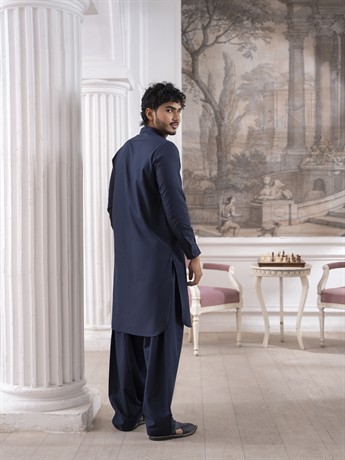 Navy Blue Straight Cut Pathani Men's Salwar Kameez