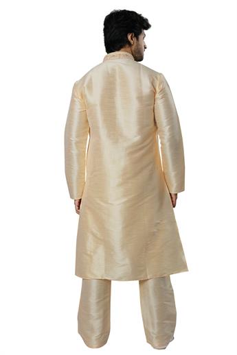 Light Gold Kurta Pyjama with Embroidery on the Neck and Button Area
