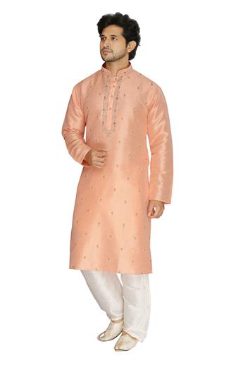Peach Kurta Pyjama with Embroidery on the Neck and Button Area