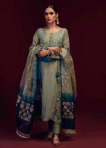 Elm green embosed organza and kora cotton straight panelled shirt with imperial blue embellishment a