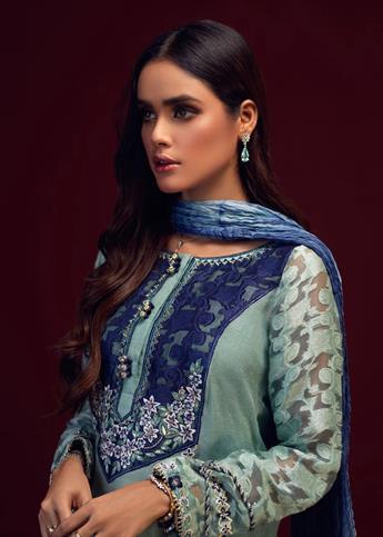 Dusty jade green A-lined princess panelled shirt of kora cotton and karandi lines fabric with embose