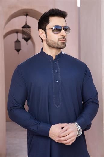 Kurta shalwar with simple self to self-embroidery detailing around the neck line in soft polyester v