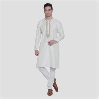 MENS BROCADE KURTA WITH EMBROIDERY AND STONE WORK AROUND NECK LINE AND FRONT, COMES WITH MATCHING PL