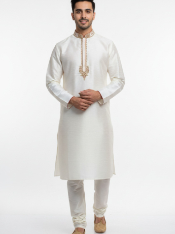 Mint green brocade kurta with pajma With gold hand emb with touch of machine, on the neck line and c