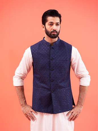 Navy Embroidered Mens Waistcoat