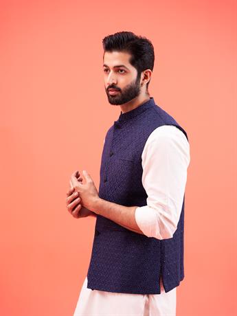 Navy Embroidered Mens Waistcoat