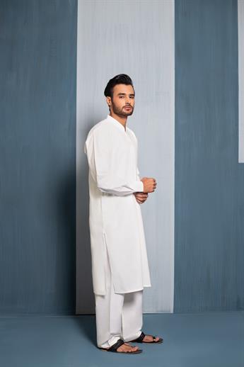 Mens kurta pyjama in off white poly cotton fabric
