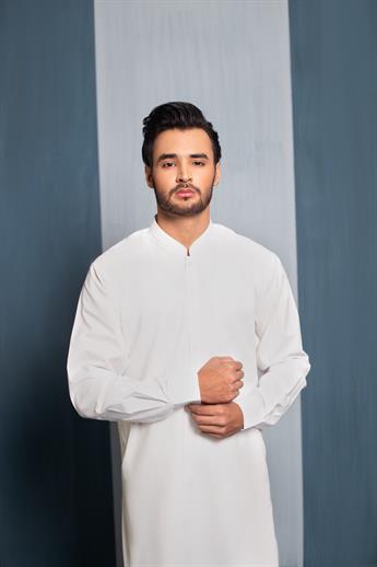 Mens kurta pyjama in off white poly cotton fabric