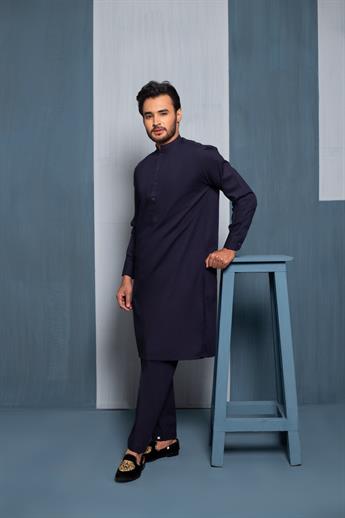Mens Navy Blue polycotton Kurta Pajama with Straight Pajama