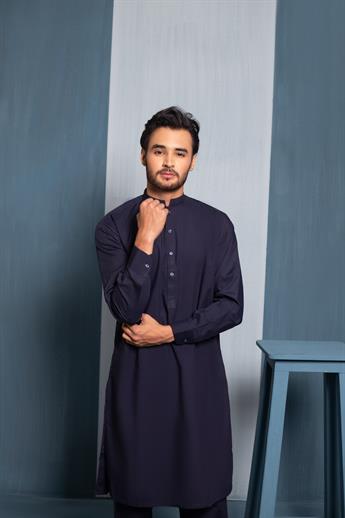 Mens Navy Blue polycotton Kurta Pajama with Straight Pajama
