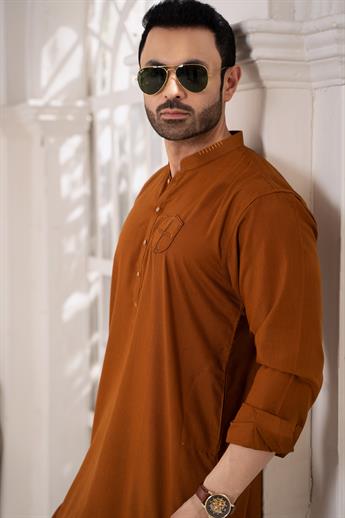 Brown Mens Kurta Shalwar with Machine Embroidery