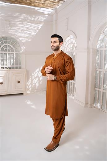 Brown Mens Kurta Shalwar with Machine Embroidery