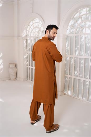 Brown Mens Kurta Shalwar with Machine Embroidery