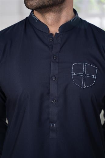 Navy Mens Kurta Shalwar with Machine Embroidery