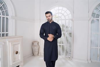 Navy Mens Kurta Shalwar with Machine Embroidery