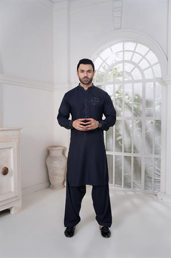 Navy Mens Kurta Shalwar with Machine Embroidery