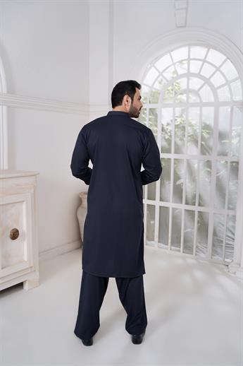 Navy Mens Kurta Shalwar with Machine Embroidery