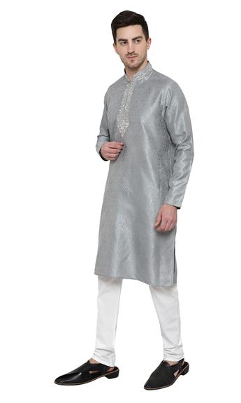BROCADE KURTA PAJAMA WITH BEAUTIFUL MACHINE EMBROIDERY ON THE COLLAR AND NECK LINE.