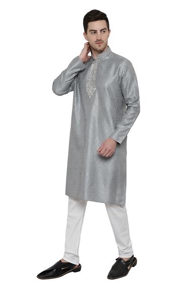 Light Grey Embroidered Mens Kurta Pajama