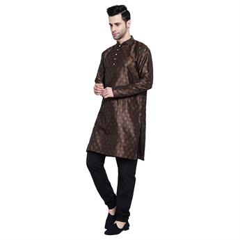 Brown Mens Brocade Kurta with Plain Pyjama