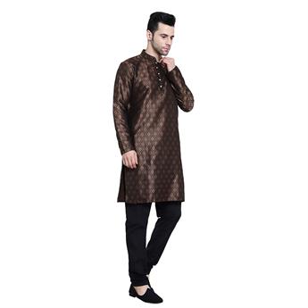 Brown Mens Brocade Kurta with Plain Pyjama