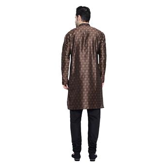 Brown Mens Brocade Kurta with Plain Pyjama