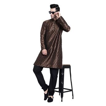 Brown Mens Brocade Kurta with Plain Pyjama
