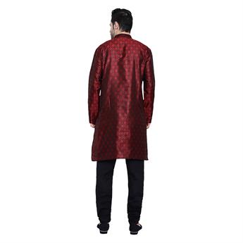 Maroon Mens Brocade Kurta with Plain Pyjama