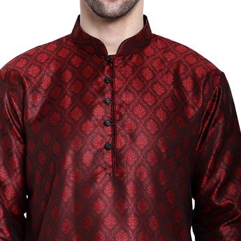 Maroon Mens Brocade Kurta with Plain Pyjama