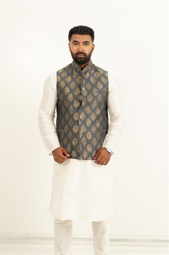 Grey and gold brocade printed waistcoat with matching buttons
