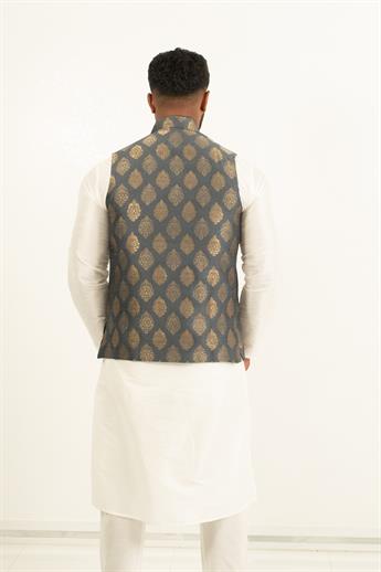 Grey and gold brocade printed waistcoat with matching buttons