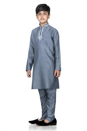 POLYESTER SILK KURTA PAJAMA WITH BEAUTIFUL MACHINE EMBROIDERY ON THE COLLAR AND NECK LINE