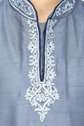 POLYESTER SILK KURTA PAJAMA WITH BEAUTIFUL MACHINE EMBROIDERY ON THE COLLAR AND NECK LINE