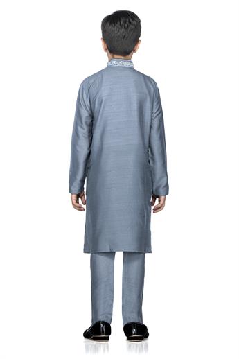 POLYESTER SILK KURTA PAJAMA WITH BEAUTIFUL MACHINE EMBROIDERY ON THE COLLAR AND NECK LINE