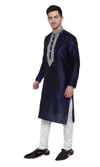 Navy Embroidered Mens Kurta Pajama