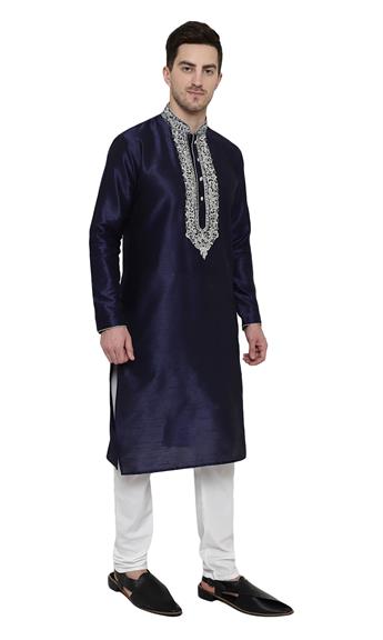 Navy Embroidered Mens Kurta Pajama