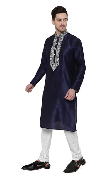 Navy Embroidered Mens Kurta Pajama