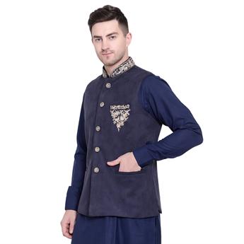 Navy Embroidered Mens Waistcoat