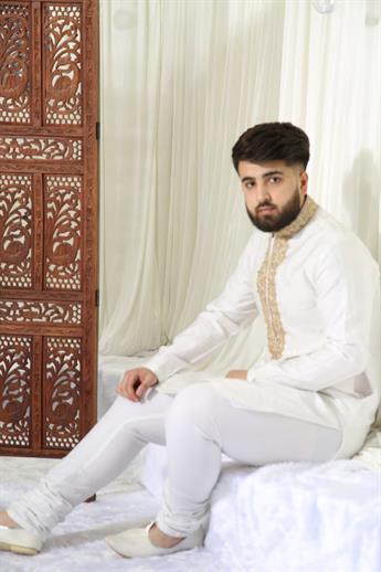 Ivory & Gold Embroidered Mens Kurta Pajama