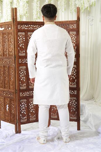 Ivory & Gold Embroidered Mens Kurta Pajama