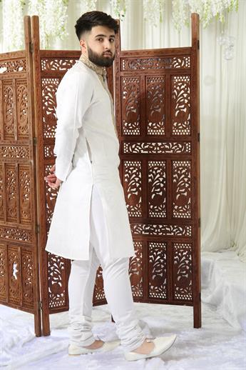 Ivory & Gold Embroidered Mens Kurta Pajama